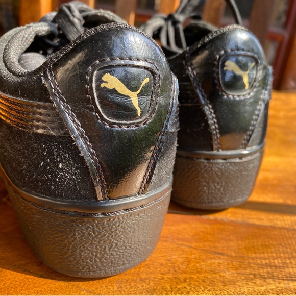 Puma Vikky Black Suede Platform Sneaker, Patent Leather & Gold Detailing, Size 8 - Picture 3 of 11